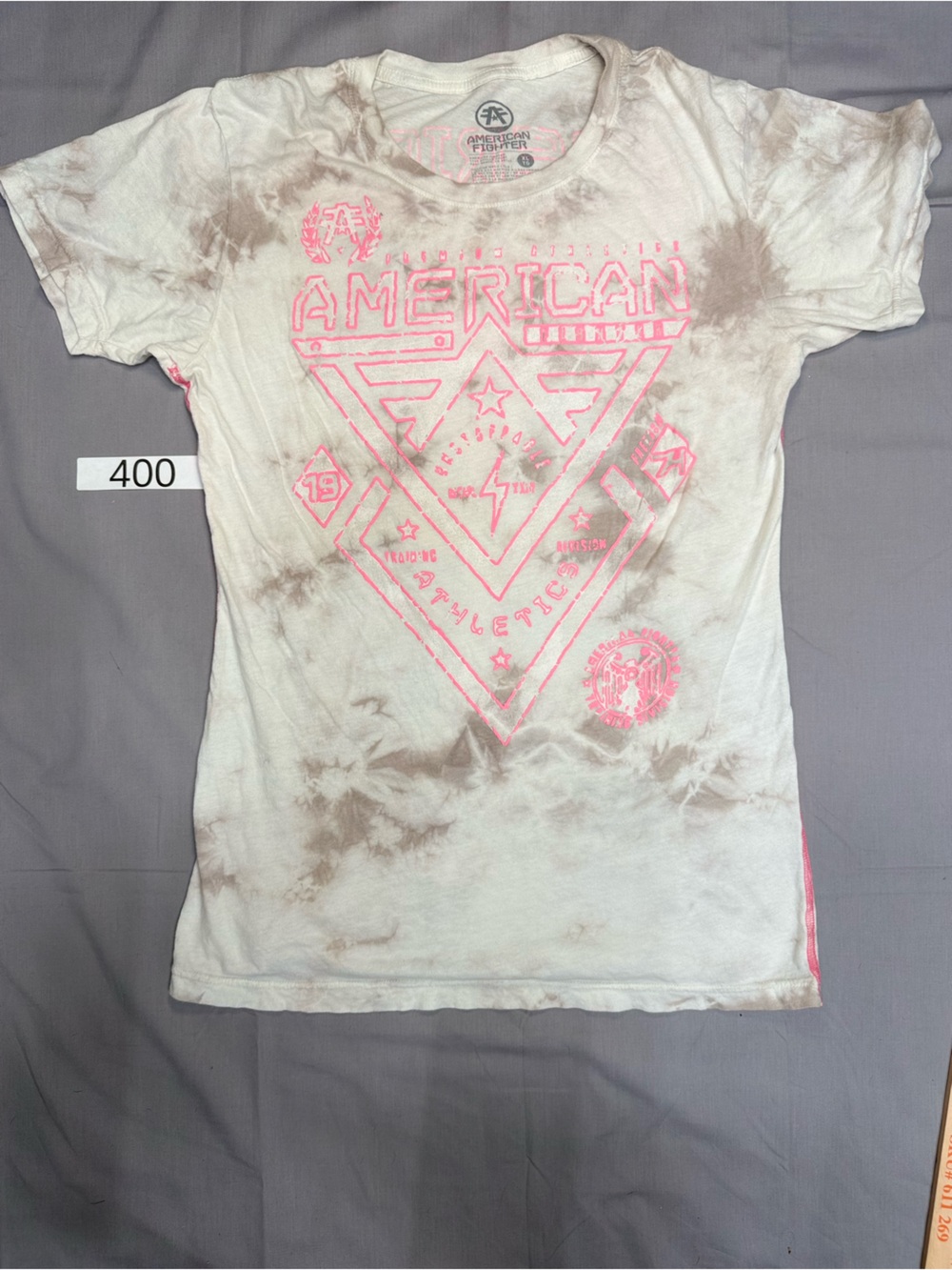 American Fighter White Tie-Dye Tee with Neon Pink Graphic